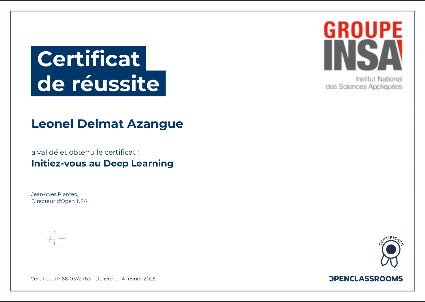 Certification en Deep Learning